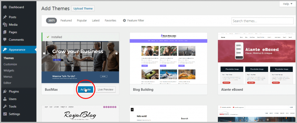 Installing WordPress theme Activate Installing WordPress theme - Activate