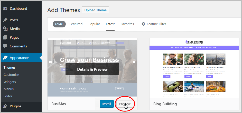 Installing WordPress theme Preview Installing WordPress theme - Preview