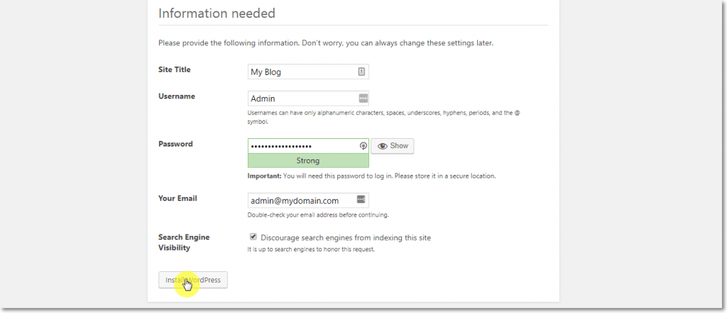 WordPress Installation Admin Info page WordPress Installation Admin Info page