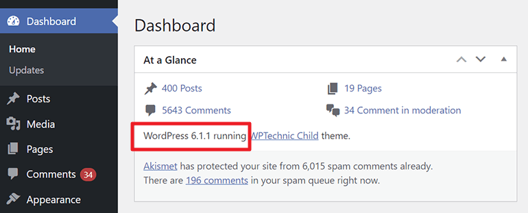 wordpress version check dashboard at a glance wordpress version check dashboard at a glance